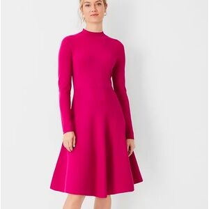 Ann Taylor Pink Knee-Length A-Line Dress with Long Cuffed Sleeves and Mock Neck